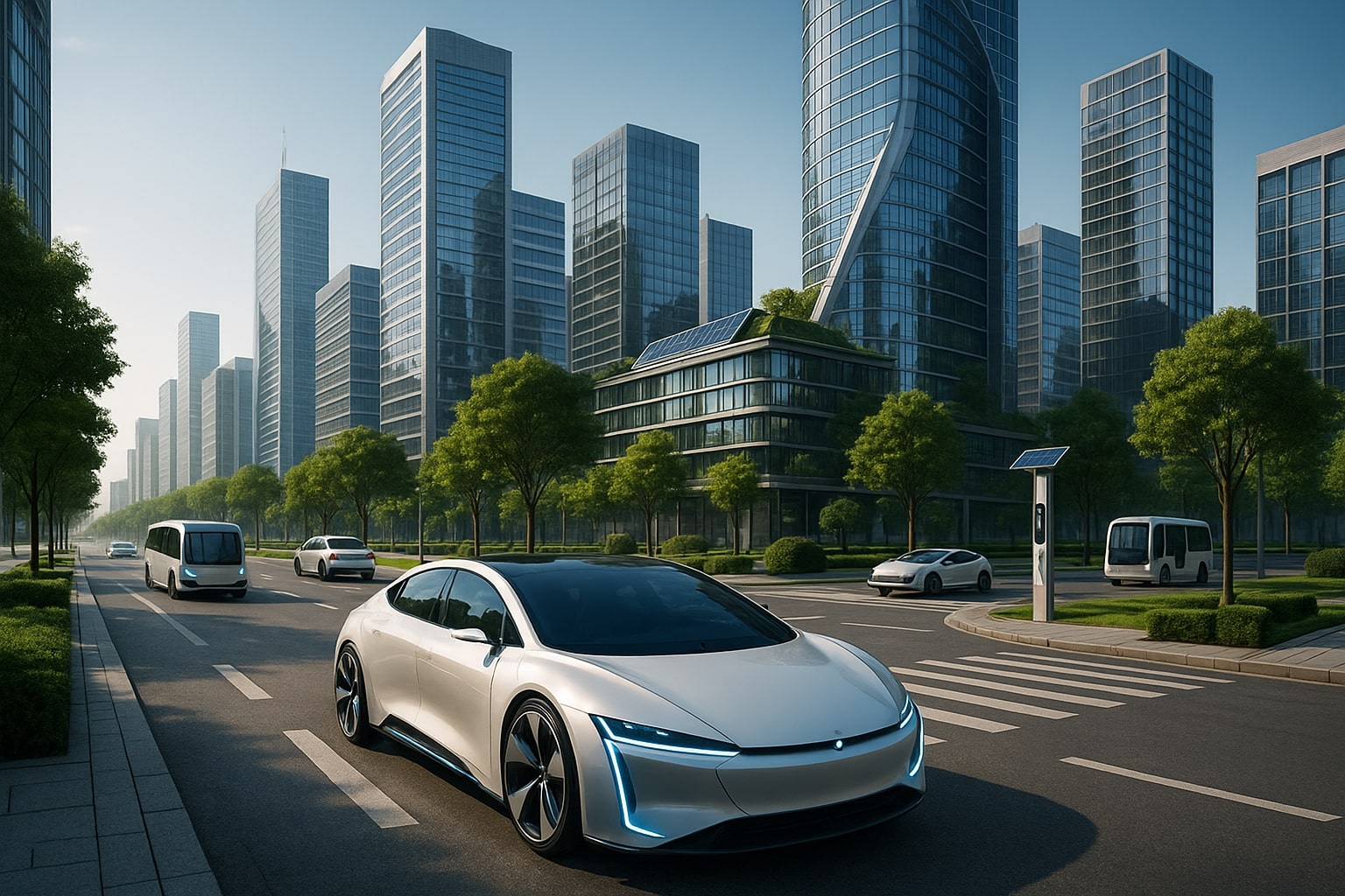 Veículo autônomo elétrico futurista em cidade inteligente