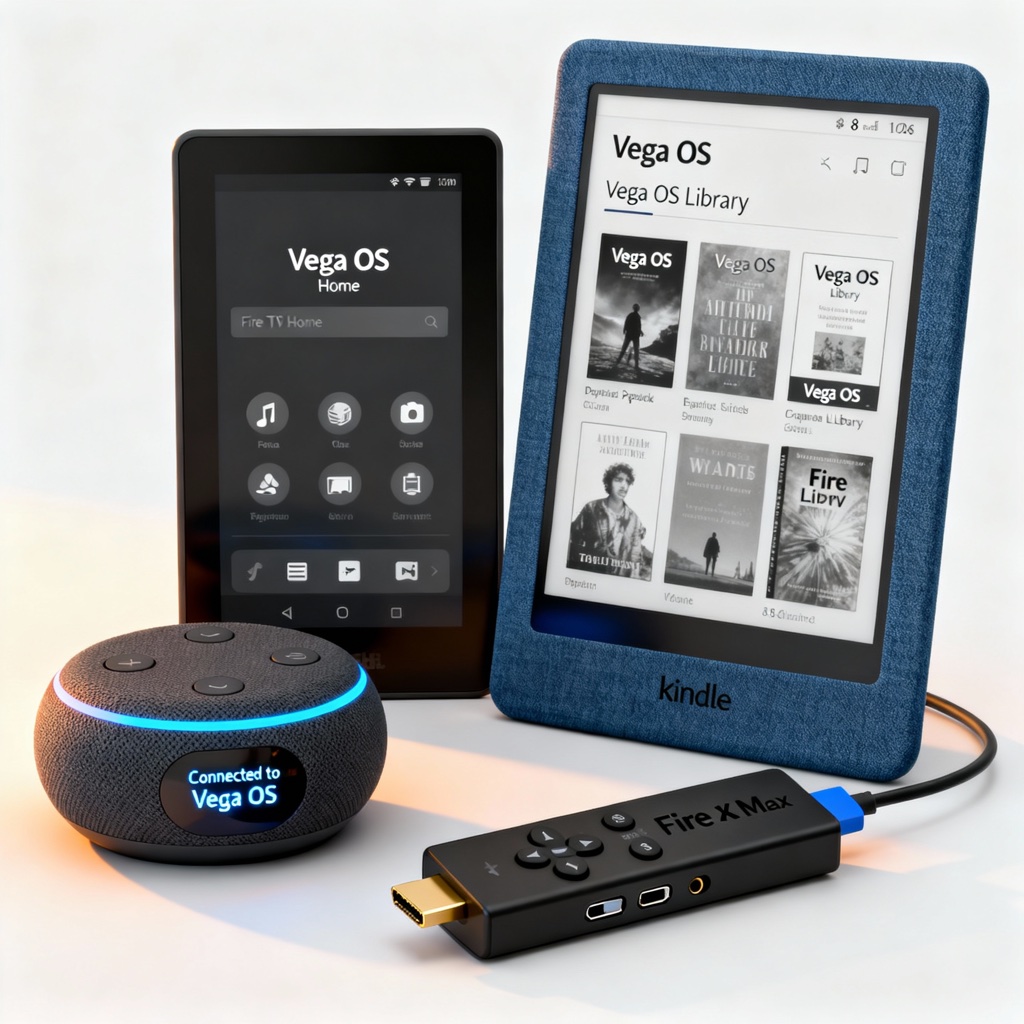 Dispositivos Amazon (Echo, Fire TV, Kindle) integrados por uma interface do Vega OS.