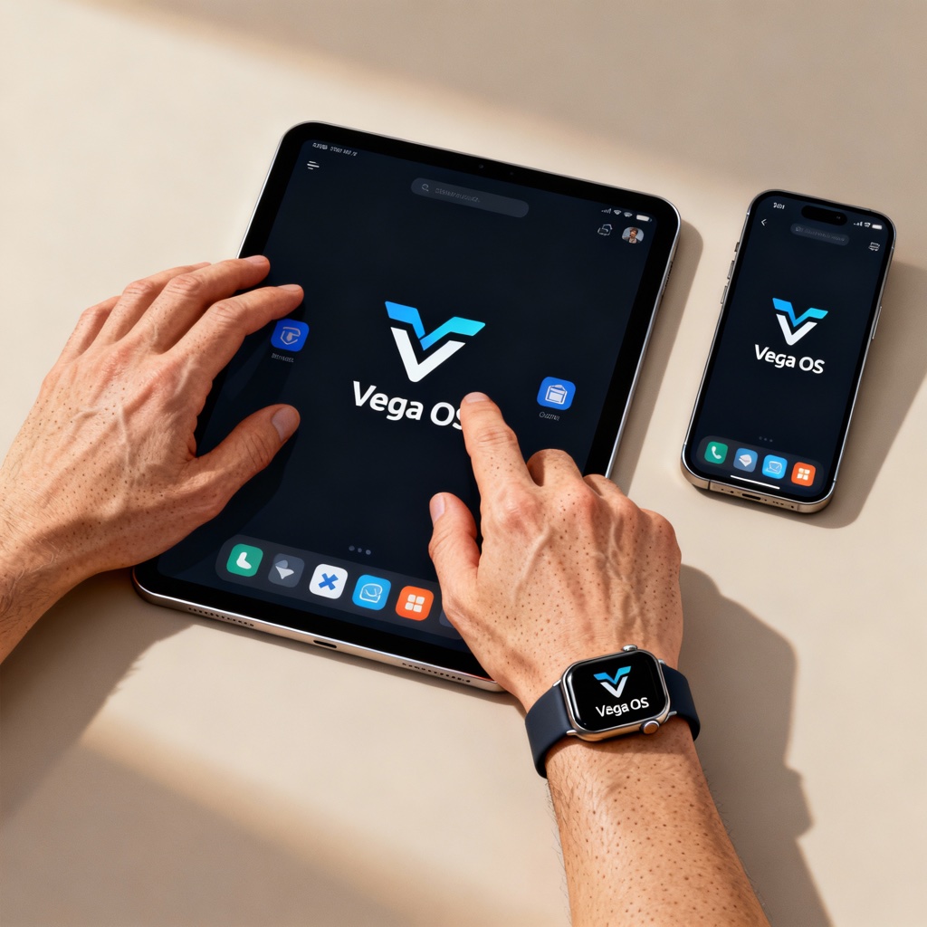 Mãos interagindo com diferentes dispositivos (tablet, smartphone, smartwatch) executando o Vega OS, mostrando a integração.