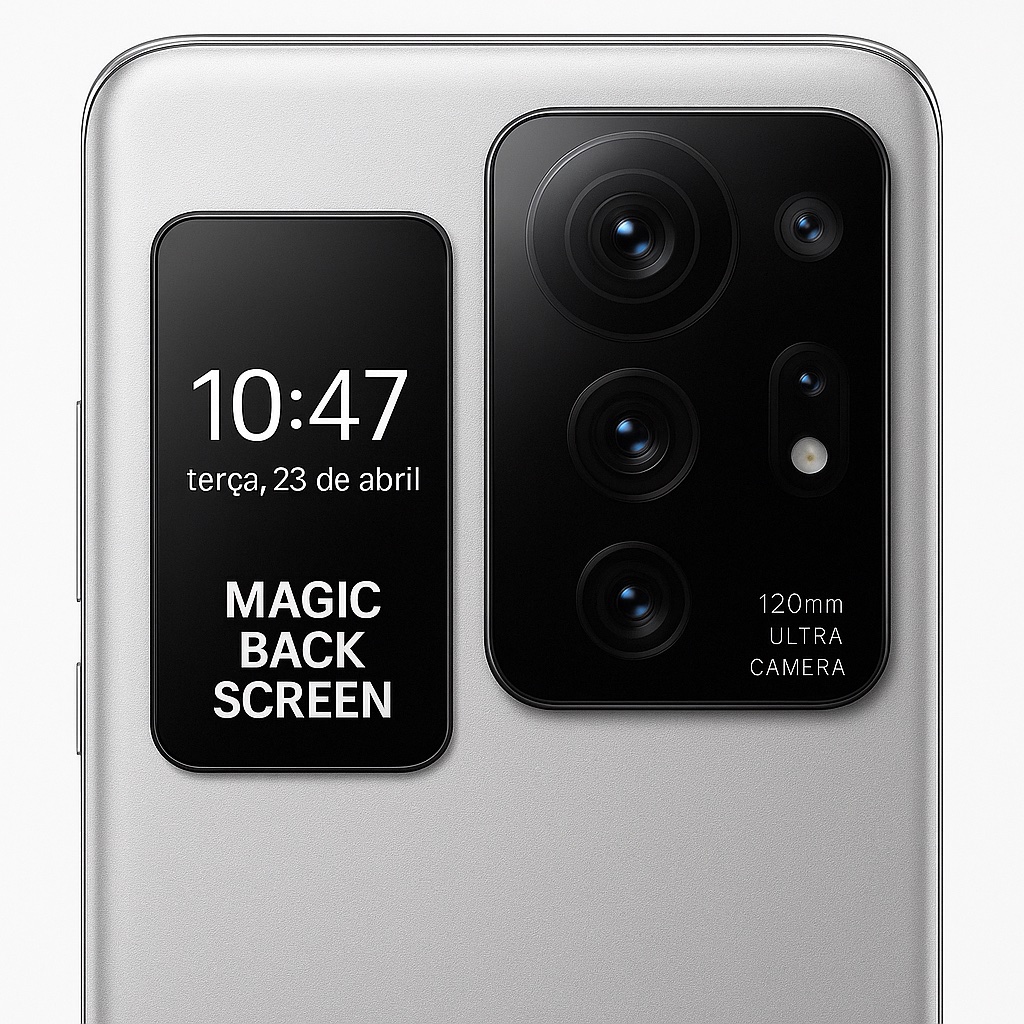 Mockup da tela traseira Magic Back Screen ao lado do módulo de câmeras
