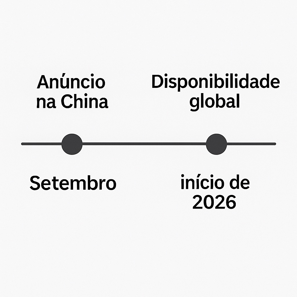 Linha do tempo ilustrando anúncio chinês em setembro e disponibilidade global no início de 2026