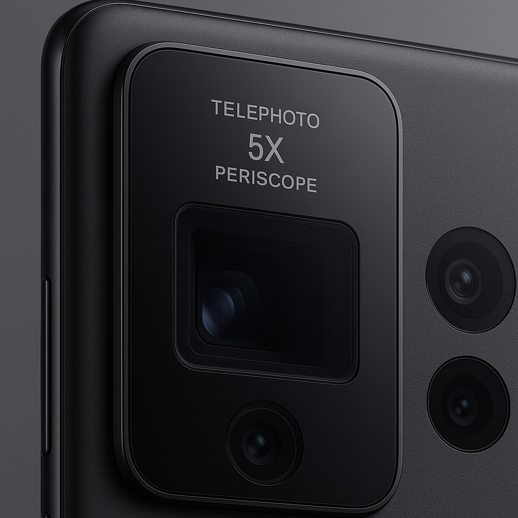 Mockup ilustrando teleobjetiva 5x em módulo de câmera triplo Leica