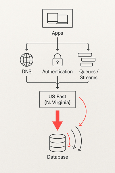 Diagrama conceitual de dependências entre serviços durante um outage