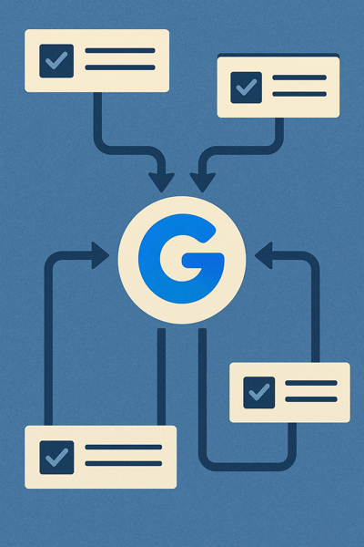 Representação visual de um fluxo de trabalho otimizado, com setas apontando para o centro: o logo do Gemini.