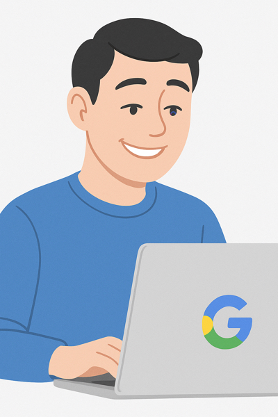 Pessoa sorrindo e usando o computador, com o logo do Gemini levemente visível na tela, simbolizando alta produtividade com a IA.