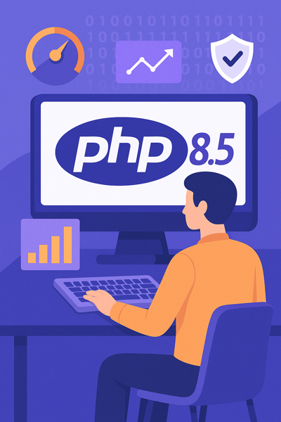 Ilustração PHP 8.5 representando inovação e velocidade no desenvolvimento web