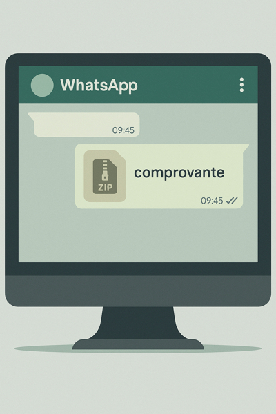 Mensagem no WhatsApp com anexo ZIP suspeito sendo exibida em computador