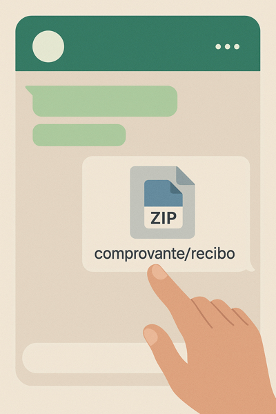 Alerta de malware no WhatsApp com ícone de ZIP e cadeado digital