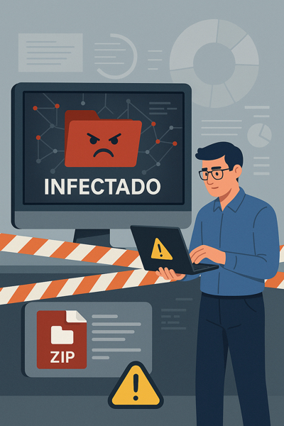 Técnico isolando computador e analisando dados infectados