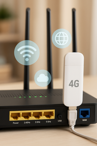 Modem 4G conectado à porta USB do roteador