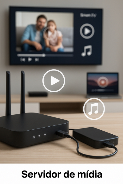 Servidor de mídia configurado via roteador com HD USB