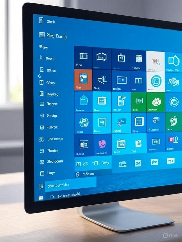 Mockup ilustrado do menu Iniciar no Windows 10, destacando a opção de desligar em estilo cartoon