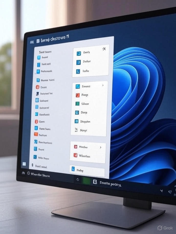 Mockup ilustrado do menu Iniciar no Windows 11, com opções de energia em estilo artístico